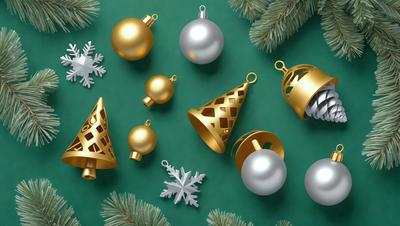 The primary subject of the image is a collection of Christmas ornaments, including gold and silver balls, placed on a green surface. The setting is a festive and holiday-themed environment, with the ornaments arranged in a visually appealing manner. The visual style of the image is a combination of photo and digital art, creating a realistic yet artistic representation of the ornaments. The colors and mood of the image are predominantly warm and cheerful, reflecting the joyous spirit of the holiday season.